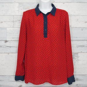 Free People Red Blue Horse Print Henley Blouse Top Women's Extra Small